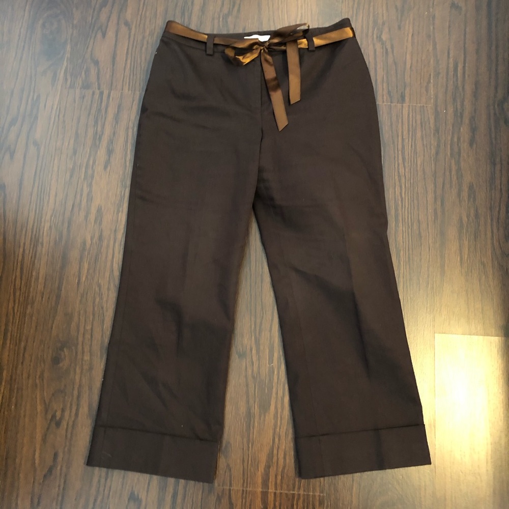 Ann Taylor Black Cropped Wide-Leg Pants with Brown Ribbon Belt